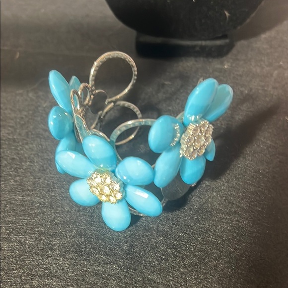 Blue Floral Earrings with Silver Accents and Rhinestones - Picture 2 of 5